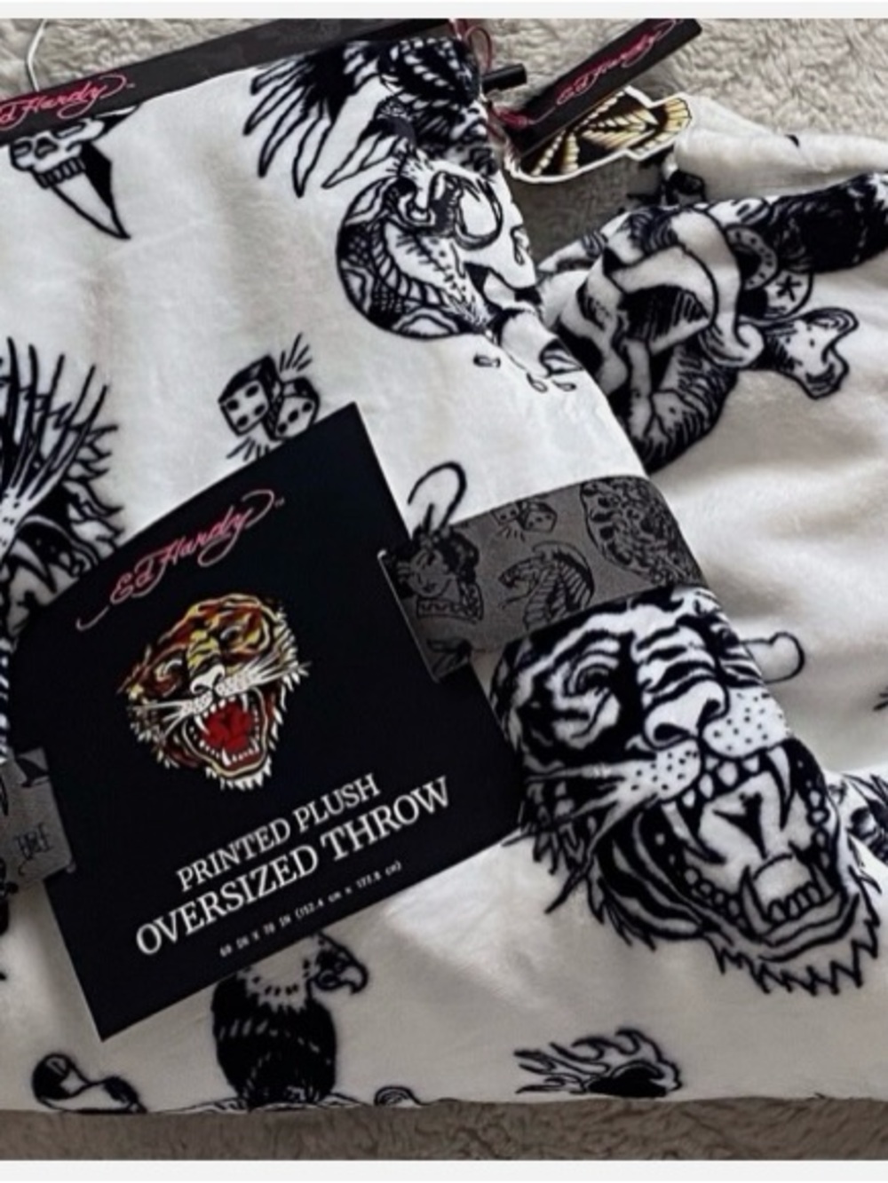 Ed Hardy Black & White Tattoo-Print Plush Throw